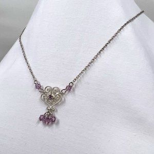 Silver Tone 15” Chain Necklace with Purple Beading and Jeweled Pendant